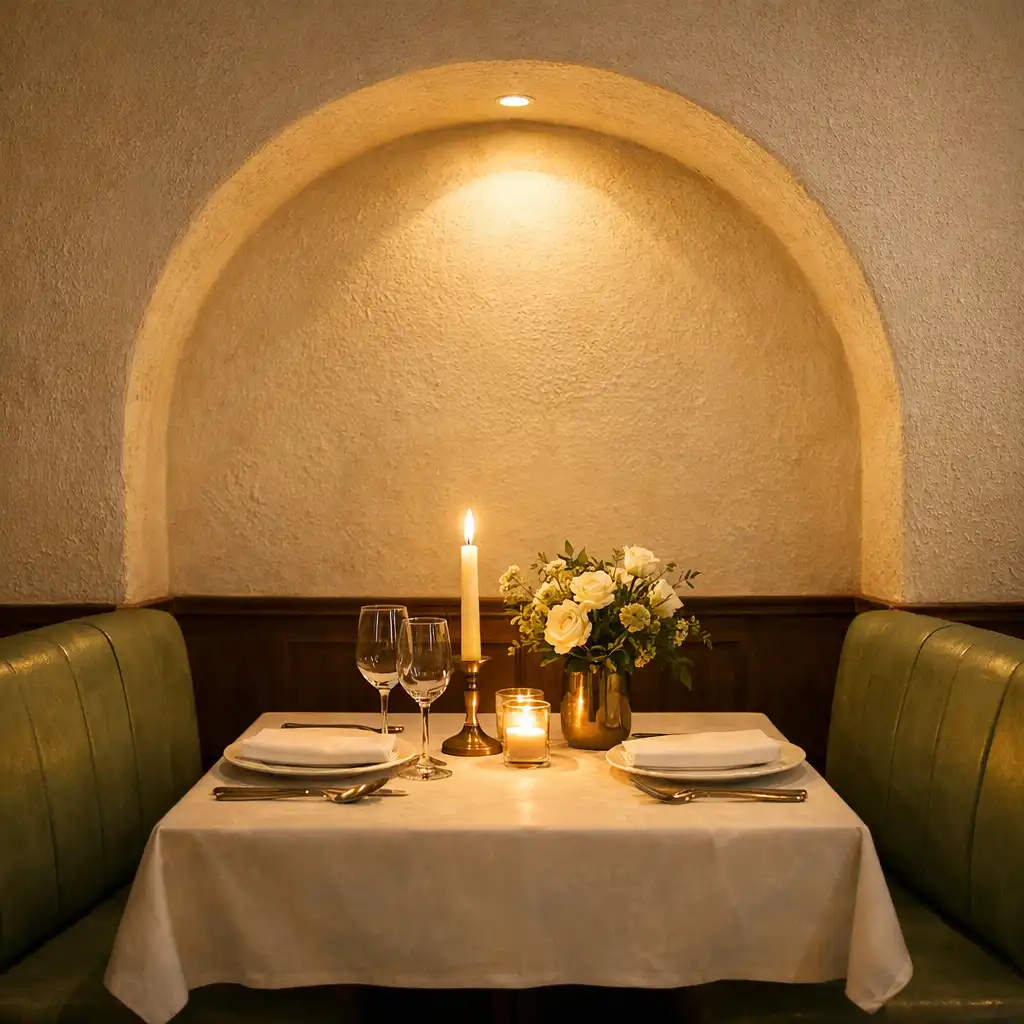 Kameralny zakątek restauracji z łukową wnęką i stolikiem dla dwojga