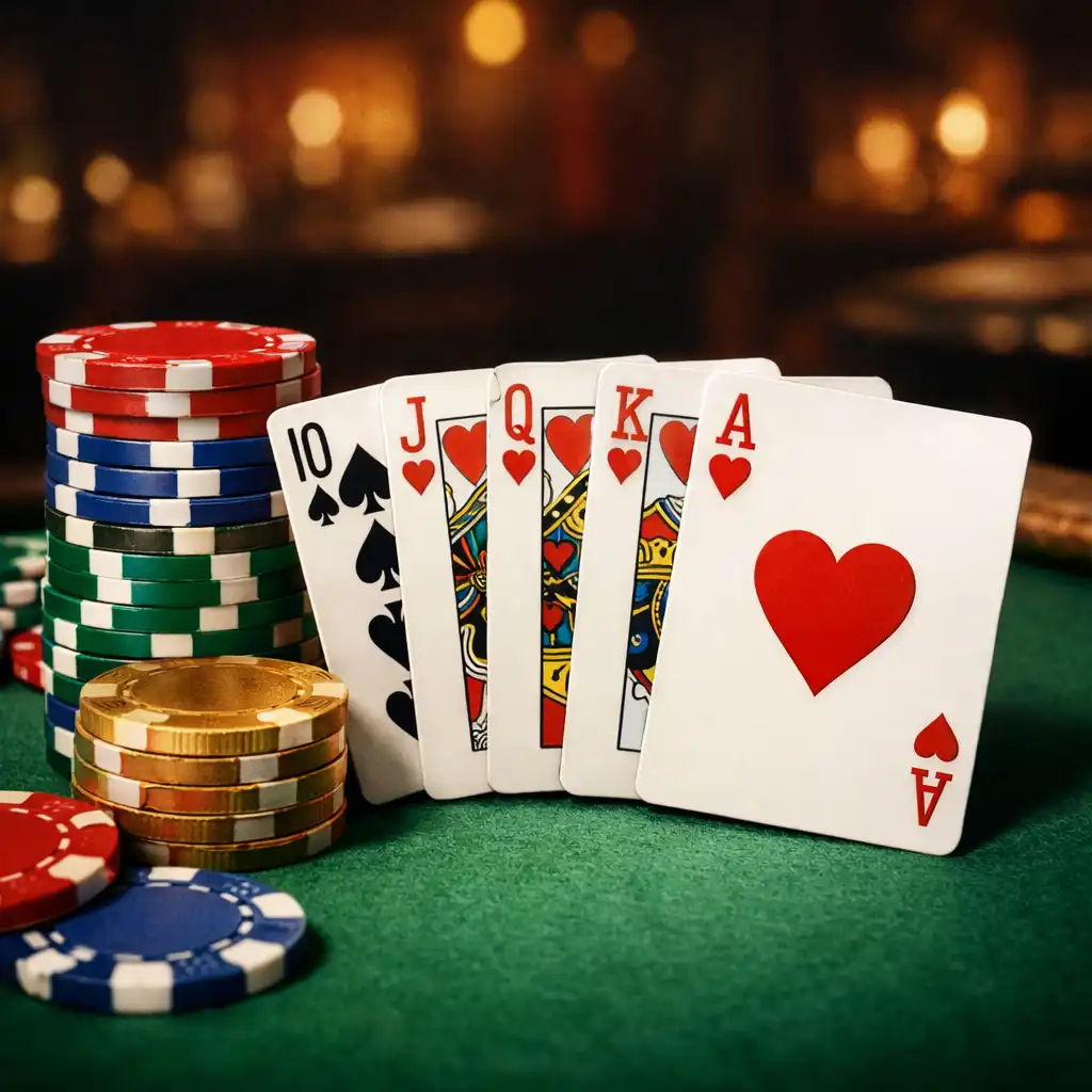 Stół pokerowy z kartami i kolorowymi żetonami