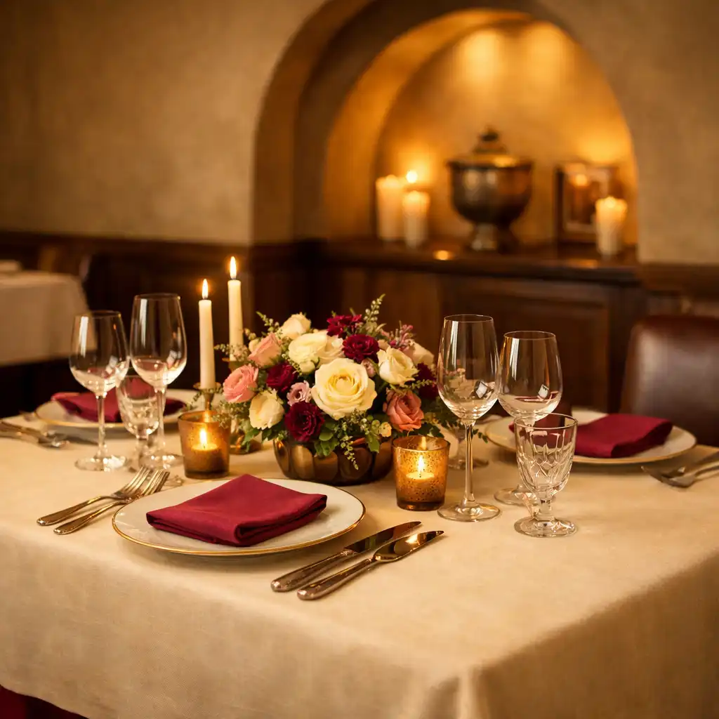 Elegancko nakryty stół restauracyjny w ciepłej, kameralnej wnęce Delicacy Room