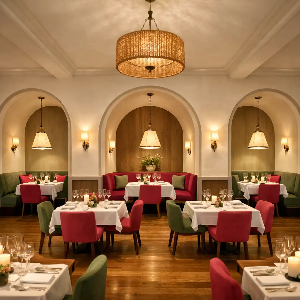 Widok na salę główną Delicacy Room z łukowymi wnękami i ciepłym oświetleniem