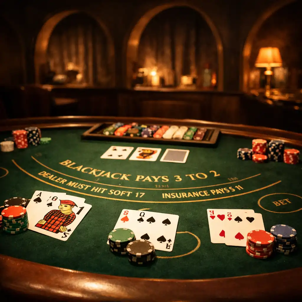 Stół do blackjacka z półkolistym układem, kartami i żetonami