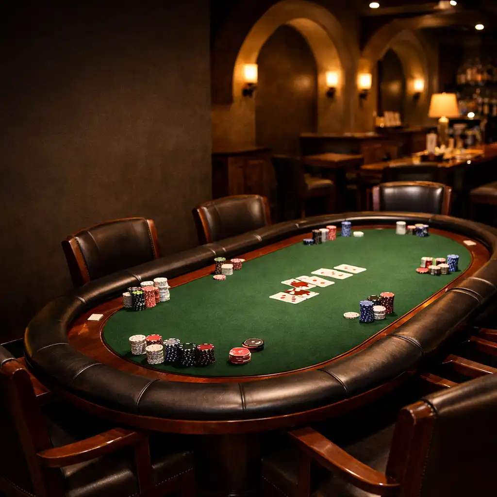 Stół pokerowy w Delicacy Room z ciemnego drewna, zielonym suknem i podłokietnikami, oświetlony ciepłym światłem