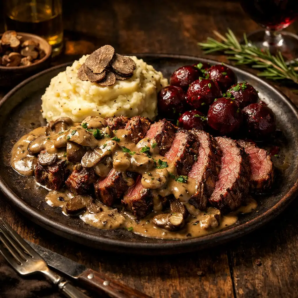 Grillowana polędwica wołowa z sosem z borowików, puree ziemniaczanym z truflą i buraczkami