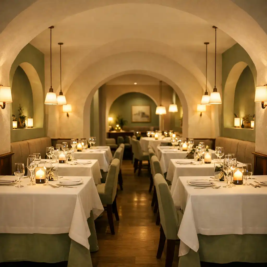 Ciepłe, kameralne wnętrze restauracji Delicacy Room z łukowymi niszami i nakrytymi stolikami
