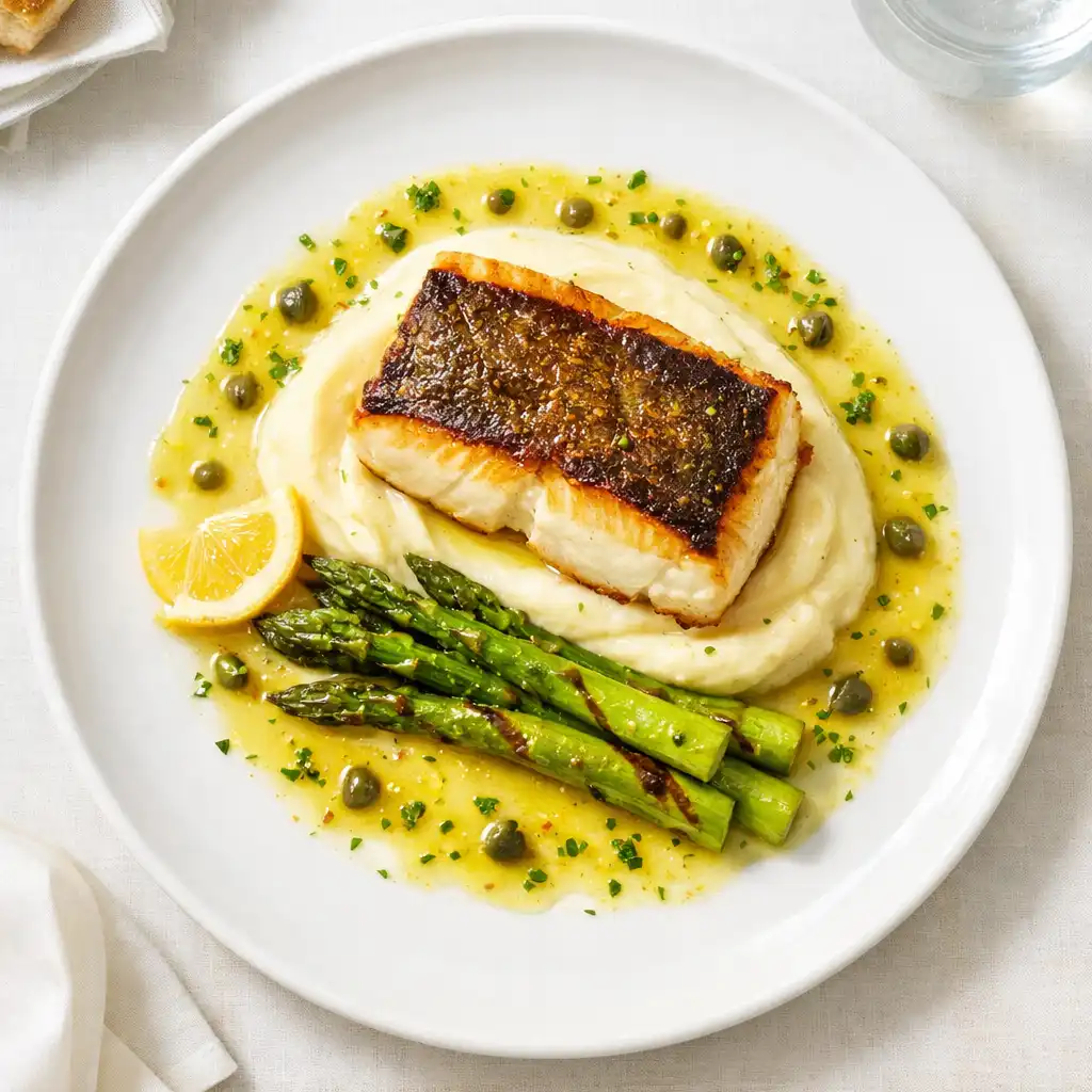 Pieczony halibut z maślanym puree i grillowanymi szparagami