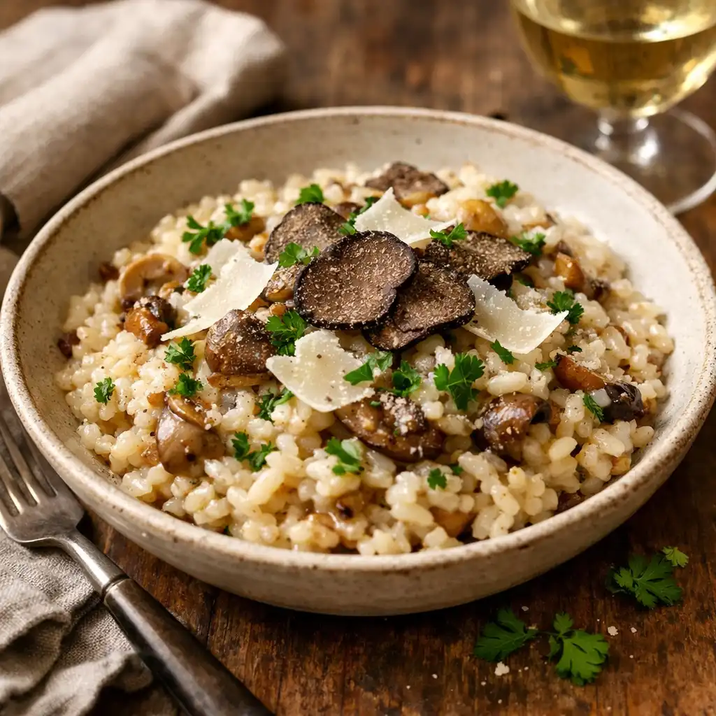 Kremowe risotto z borowikami i płatkami trufli w ceramicznej misce