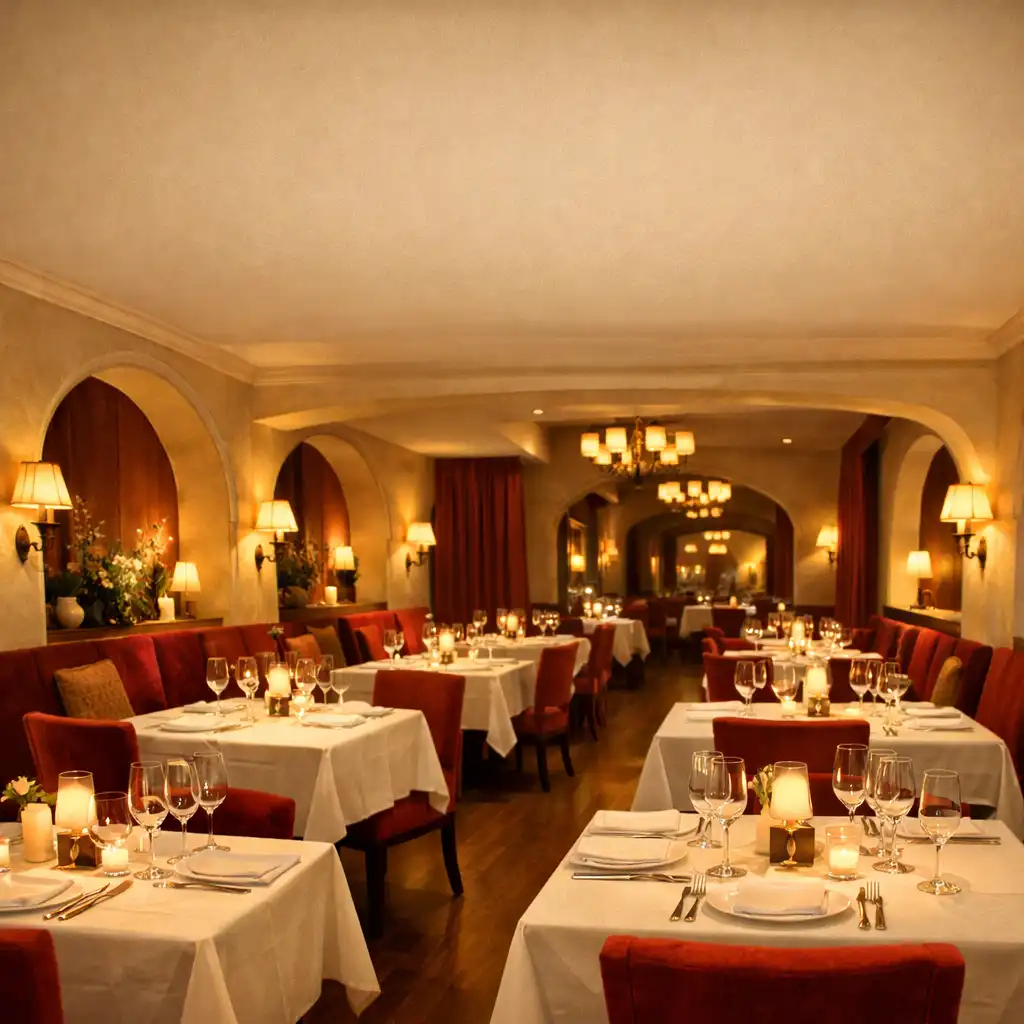 Eleganckie wnętrze restauracji Delicacy Room z łukowymi wnękami, ciepłym oświetleniem i nakrytymi stołami