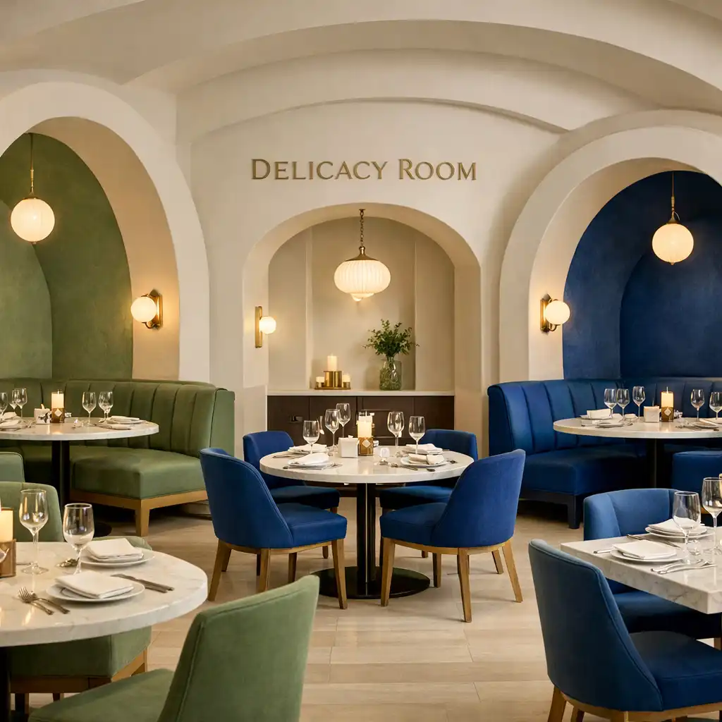 Wnętrze restauracji Delicacy Room z widocznymi architektonicznymi wnękami jadalnianymi, ciepłe oświetlenie