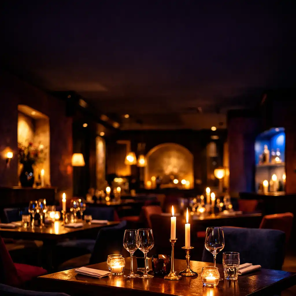 Wnętrze restauracji wieczorem ze świecami na stołach i podświetlanymi wnękami