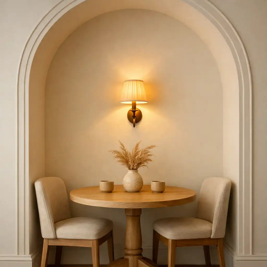 Zbliżenie na architektoniczną wnękę z okrągłym stołem i dwoma krzesłami w Delicacy Room